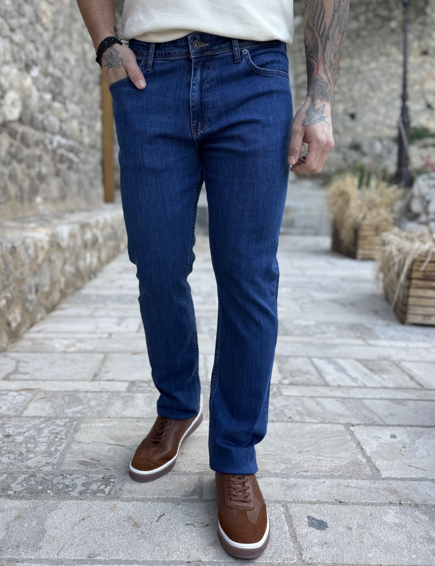 Ανδρικό μπλε τζιν ελαστικό σε ίσια γραμμή με φερμουάρ LC17706